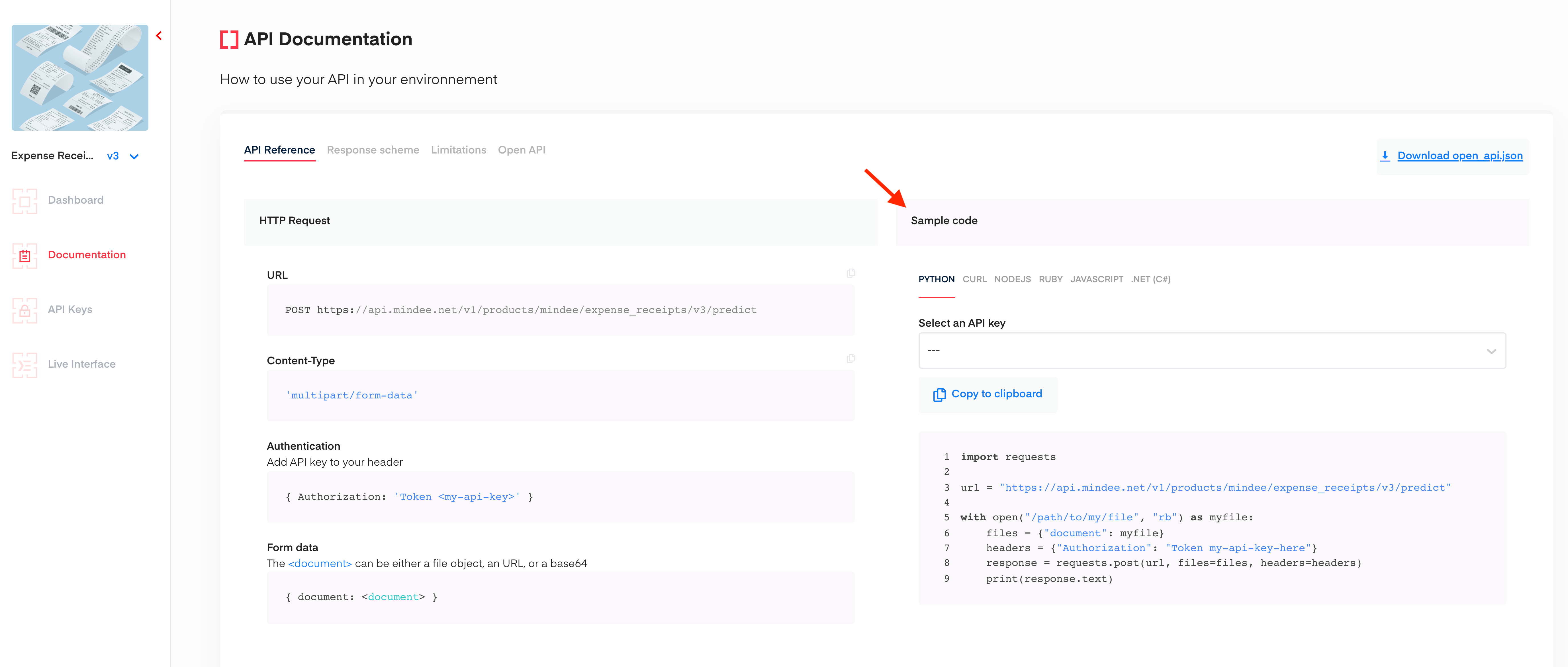 Mindee Sample code located under the API reference tab on the right