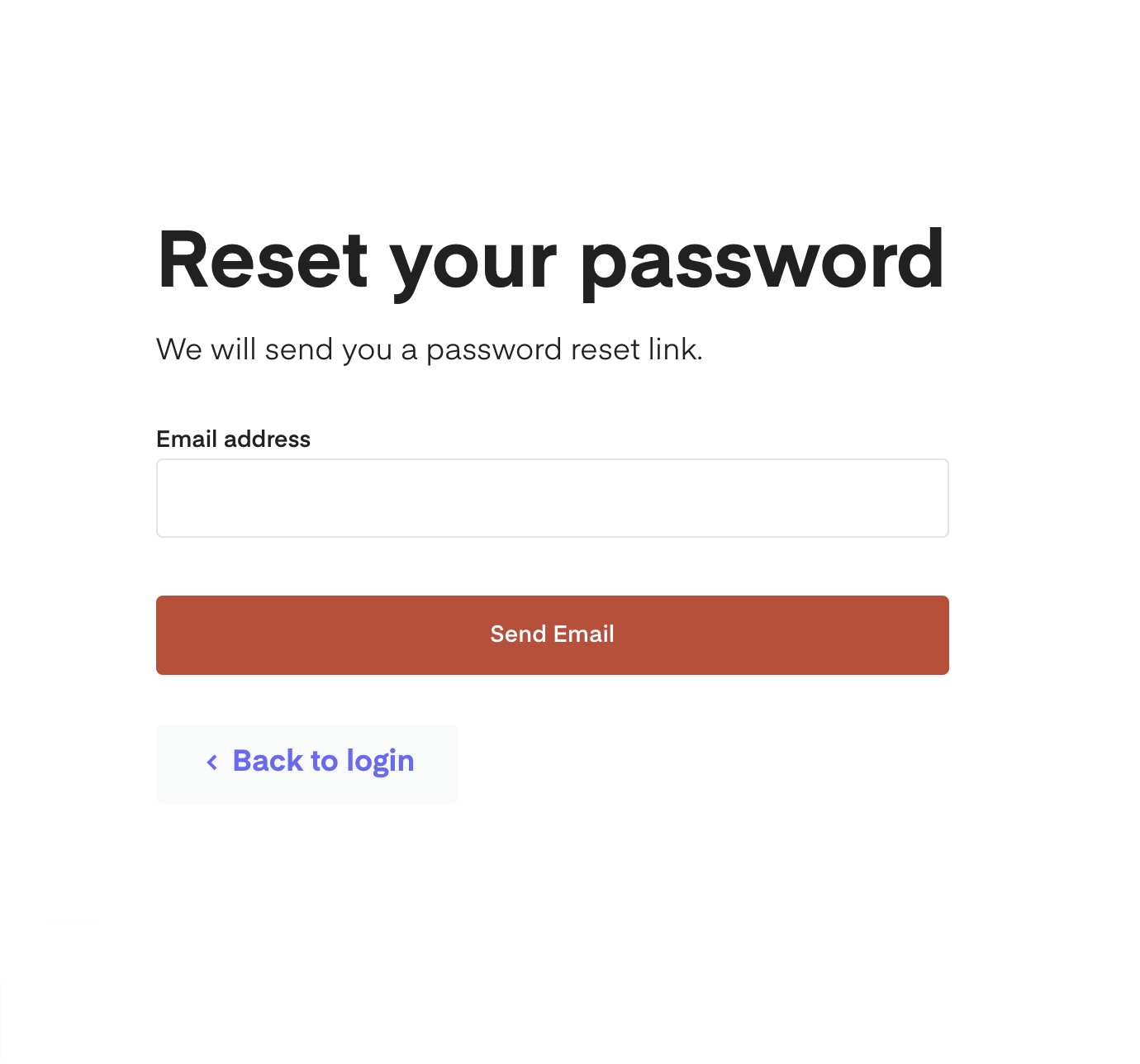 The password reset email field page