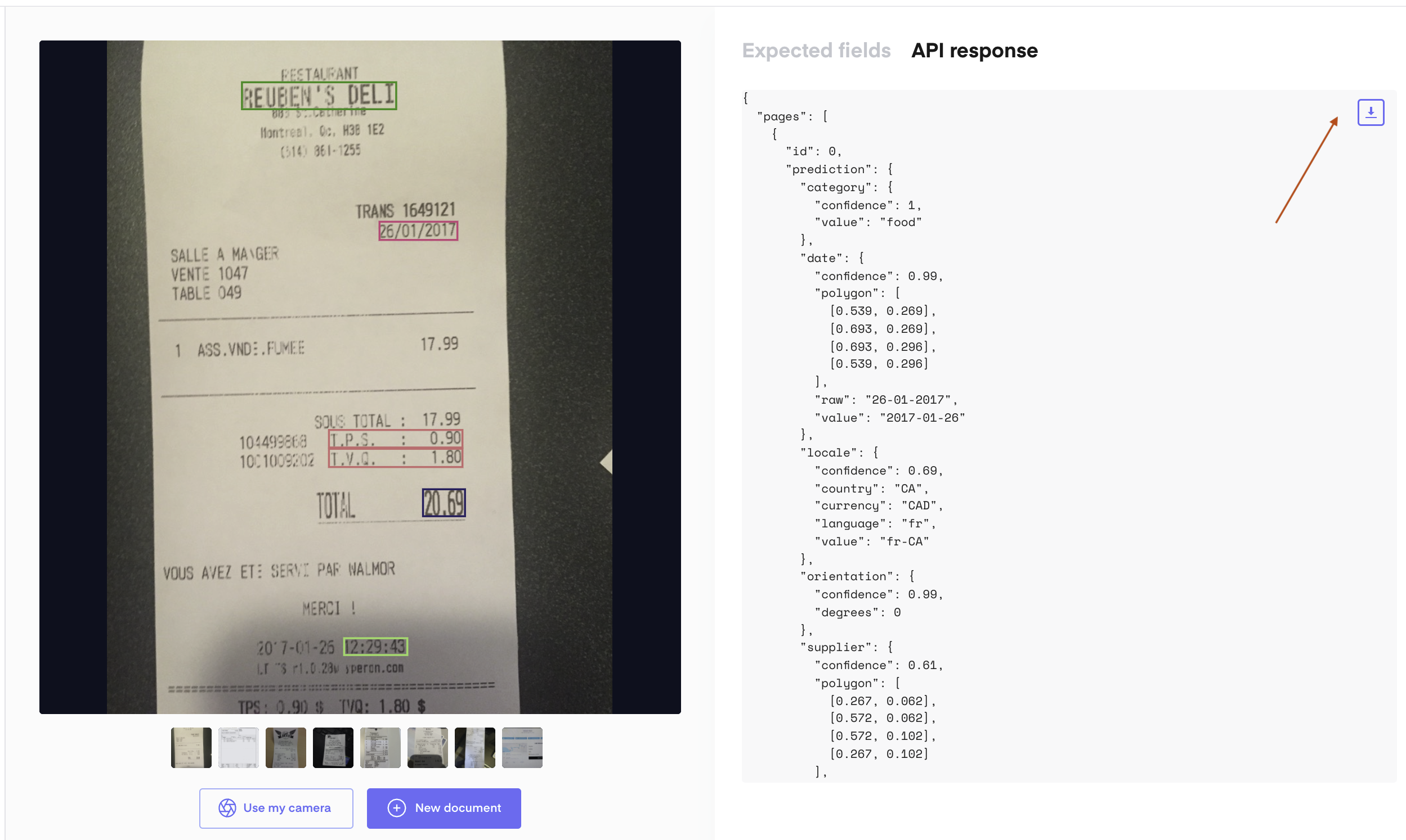 API response column with extracted fields